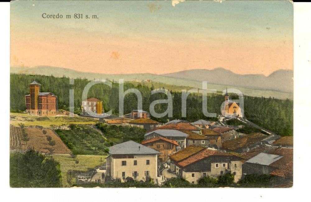 Cartolina originale da collezione 1915 ca COREDO TN Veduta panoramica generale Cartolina ILLUSTRATA FP NV 1