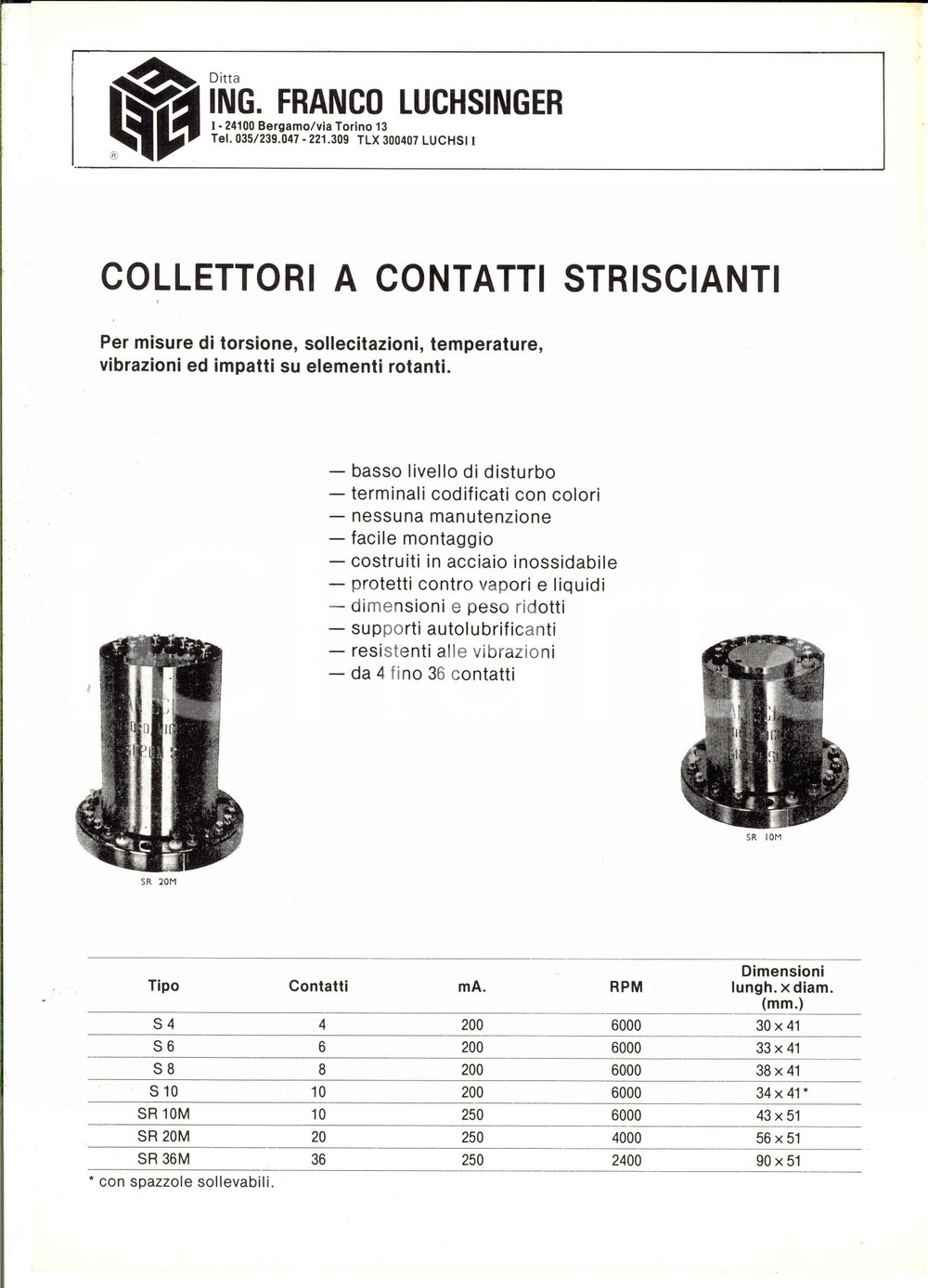 Materiale pubblicitario d’epoca 1980 ca TORINO Franco LUCHSINGER Collettori a contatti striscianti Volantino 1