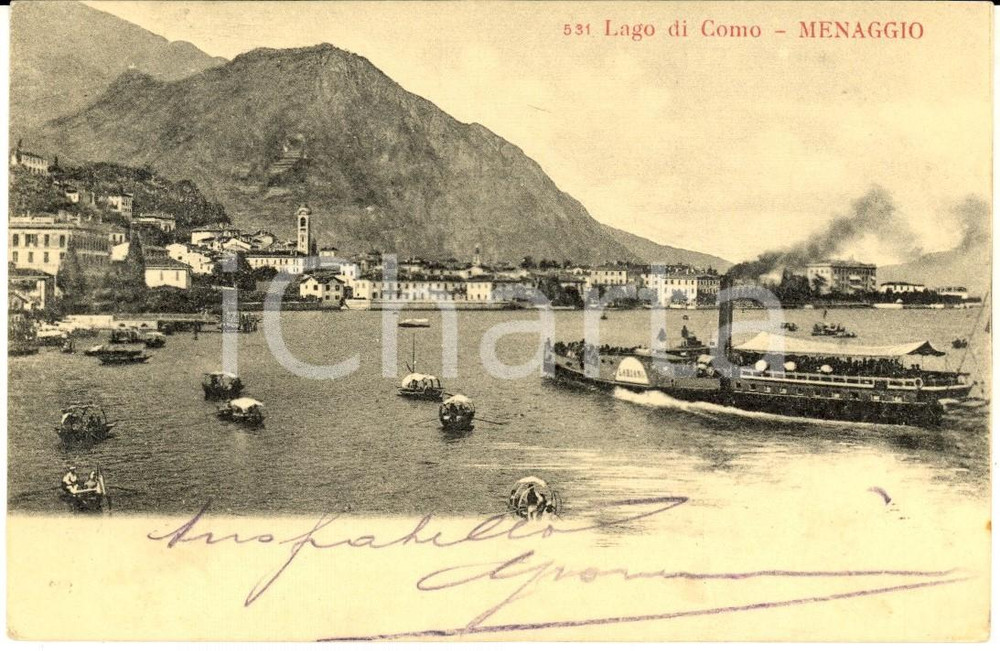 Cartolina originale da collezione 1904 MENAGGIO CO Lago di COMO con vaporetto in arrivo Cartolina FP VG 1