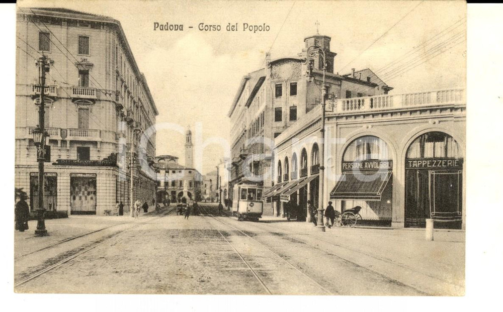 Cartolina originale da collezione 1916 PADOVA Corso del Popolo e pensione RODI Cartolina ANIMATA tram 1