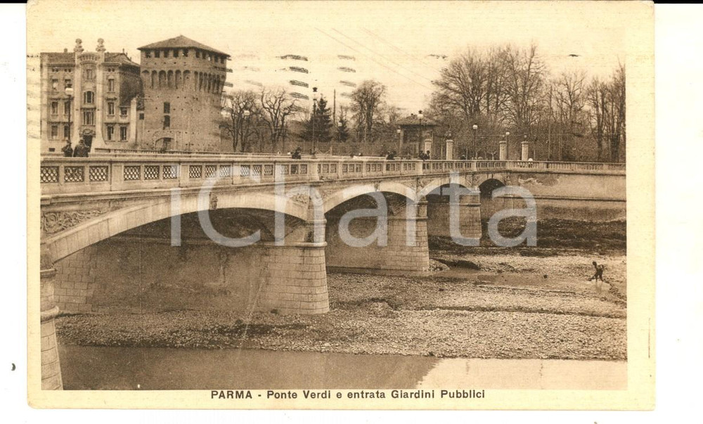 Cartolina originale da collezione 1930 PARMA Ponte VERDI ed entrata dei Giardini Pubblici Cartolina VINTAGE FP VG 1