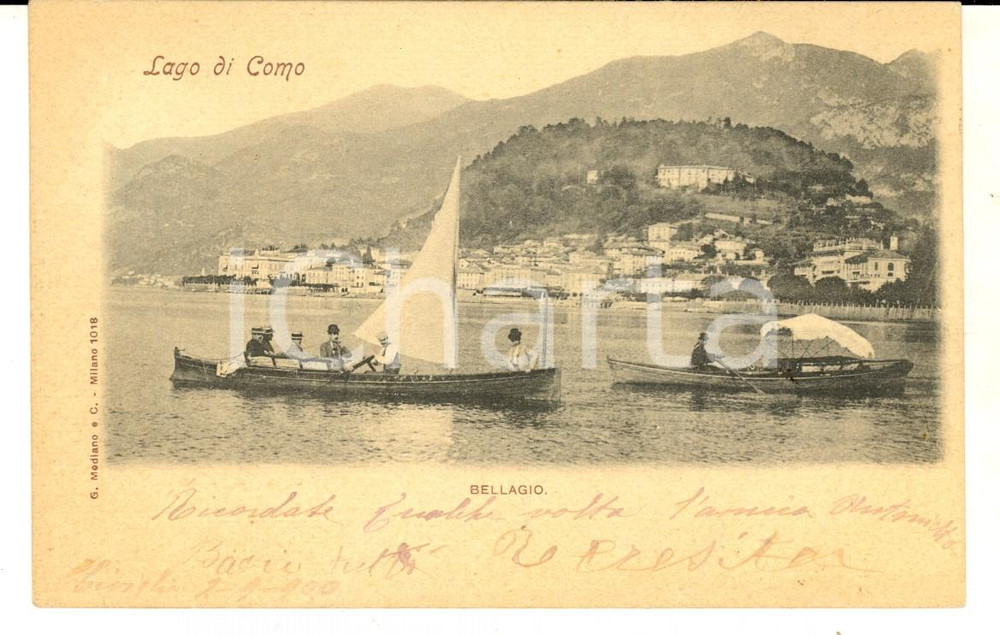 Cartolina originale da collezione 1900 BELLAGIO Veduta dal lago di Como Cartolina ANIMATA barche FP VG 1