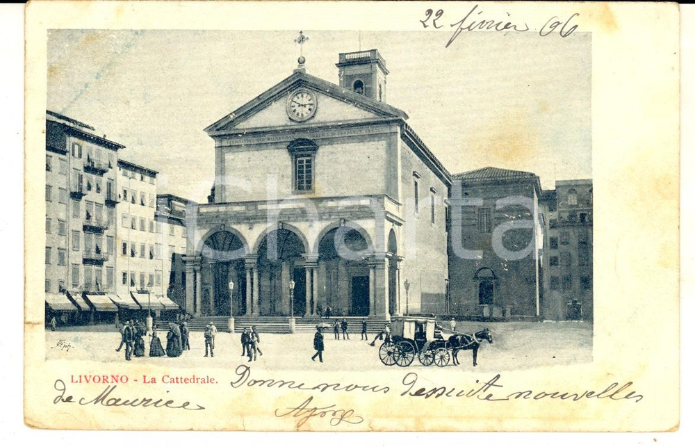 Cartolina originale da collezione 1906 LIVORNO Veduta della cattedrale Cartolina ANIMATA carrozza FP VG 1