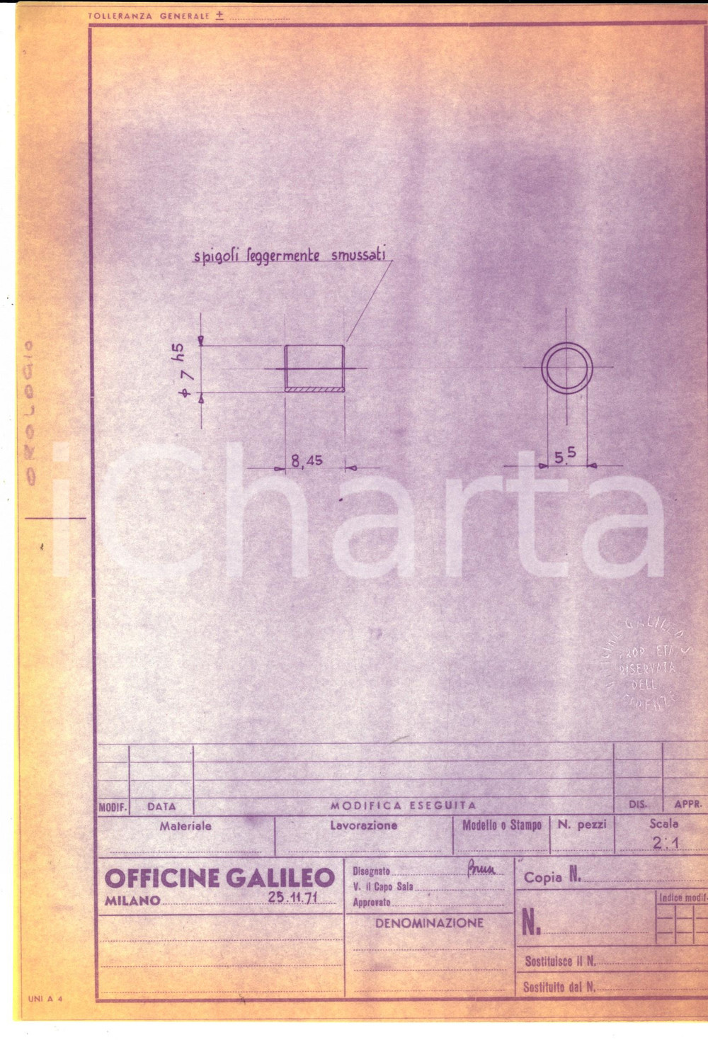 Materiale pubblicitario d’epoca 1971 OFFICINE GALILEO MILANO Schema orologio  Materiale inox 21x30 3 1