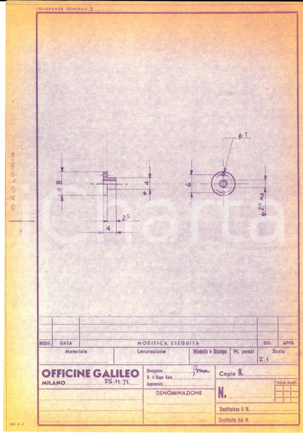 Materiale pubblicitario d’epoca 1971 OFFICINE GALILEO MILANO Schema di orologio  Materiale inox 21x30 cm 1
