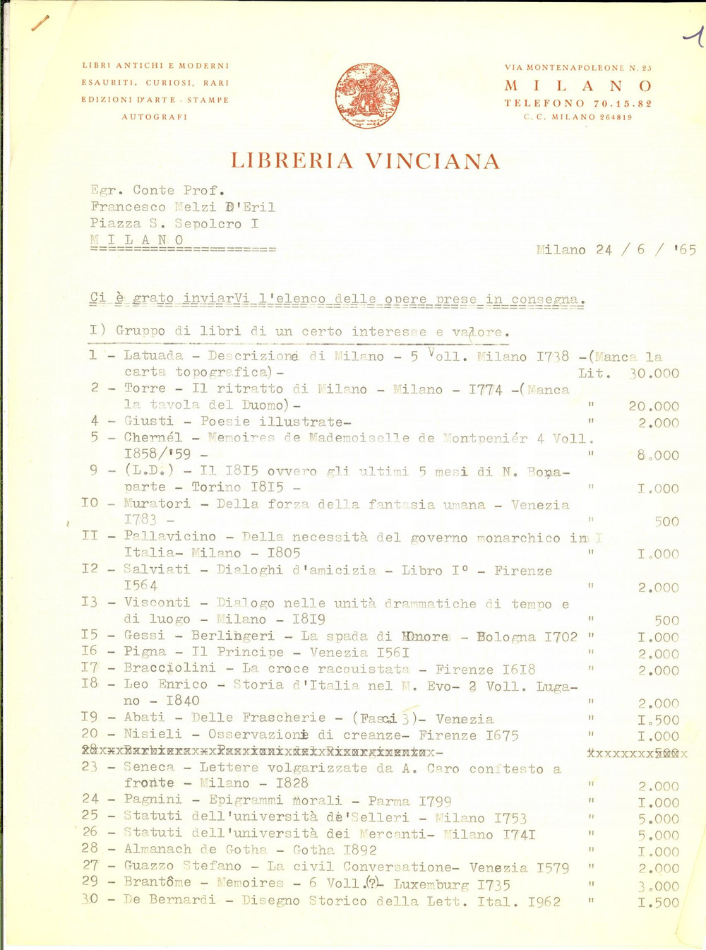 Manoscritto, lettera originale 1965 MILANO LIBRERIA VINCIANA Lettera libri in consegna Sandro PIANTANIDA 1
