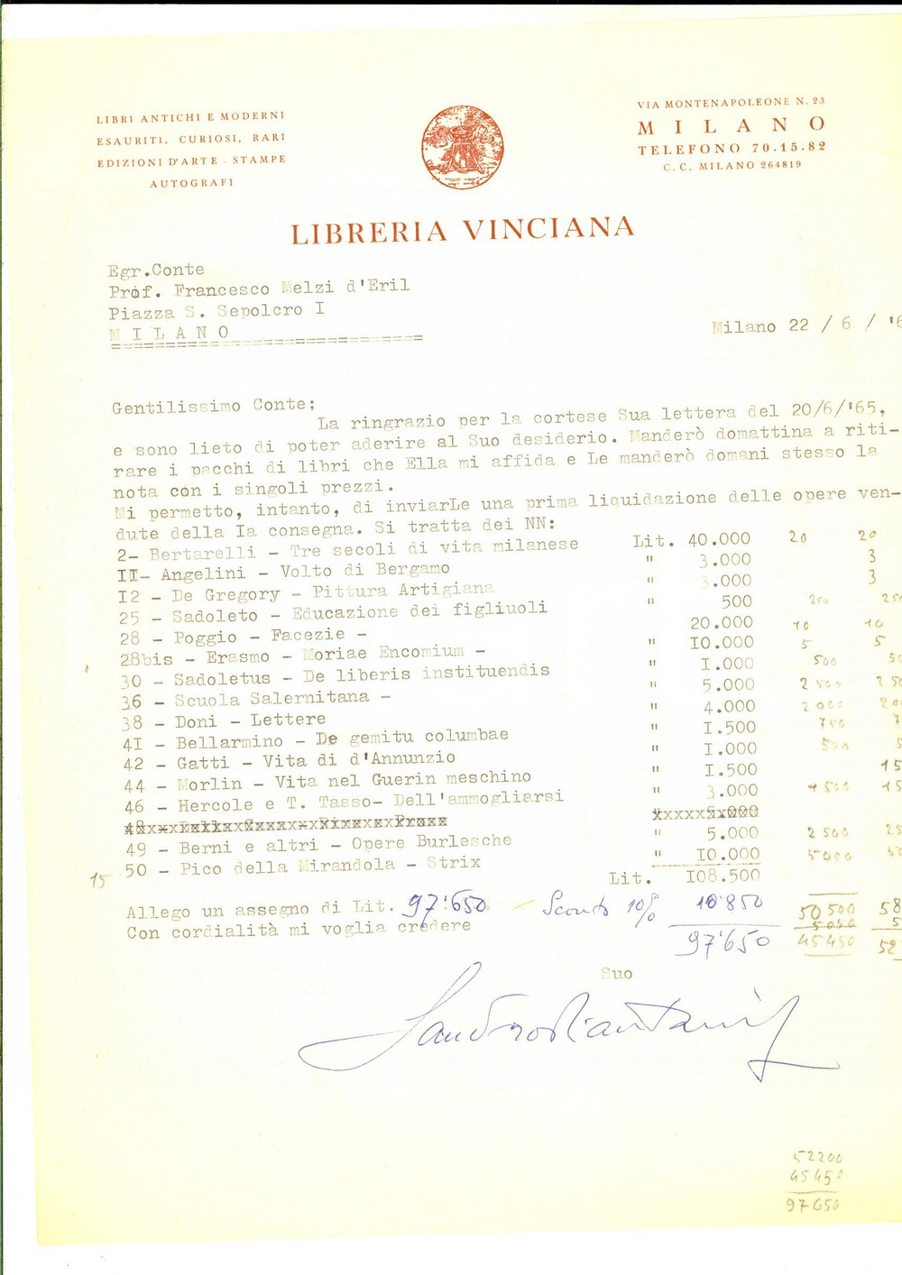 Manoscritto, lettera originale 1965 MILANO LIBRERIA VINCIANA Lettera liquidazione libri Sandro PIANTANIDA 1