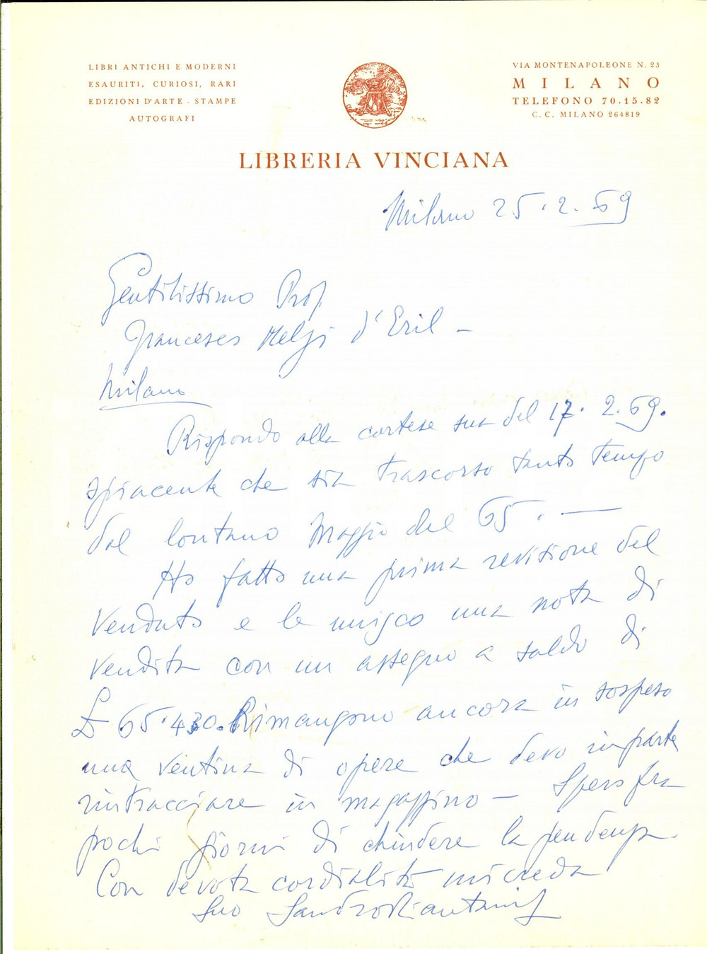 Manoscritto, lettera originale 1969 MILANO LIBRERIA VINCIANA Lettera per vendita di libri Sandro PIANTANIDA 1