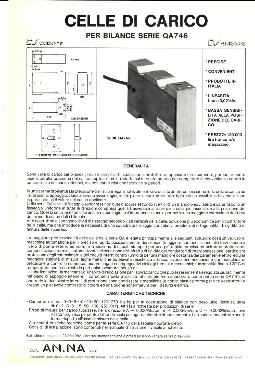 Materiale pubblicitario d’epoca 1970 ca MILANO SocietÃ  AN. NA. Celle di carico per bilance QA746 Volantino 1