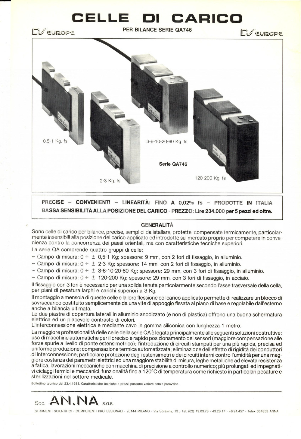 Materiale pubblicitario d’epoca 1970 ca MILANO SocietÃ  AN. NA. Celle di carico per bilance QA746  Volantino 1
