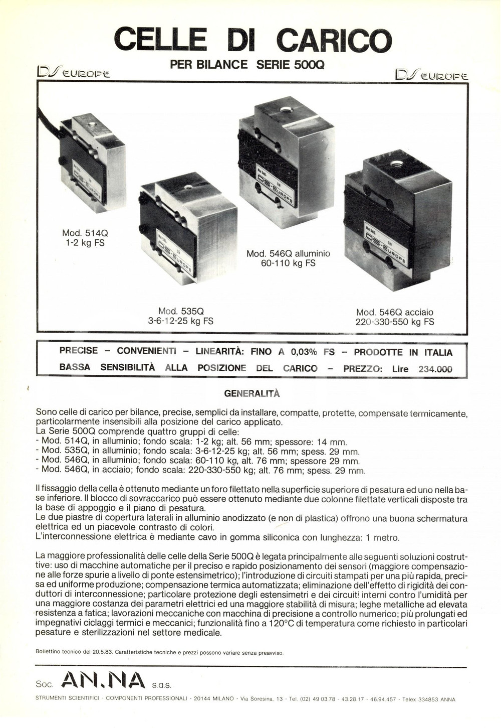 Materiale pubblicitario d’epoca 1970 ca MILANO Società AN. NA. Celle di carico per bilance serie 500Q Volantino 1