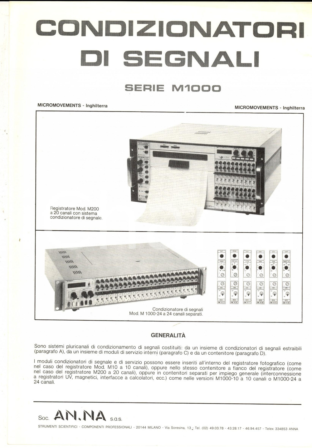 Materiale pubblicitario d’epoca 1970 ca MILANO SocietÃ  AN. NA. Condizionatori di segnali serie M1000 Brochure 1