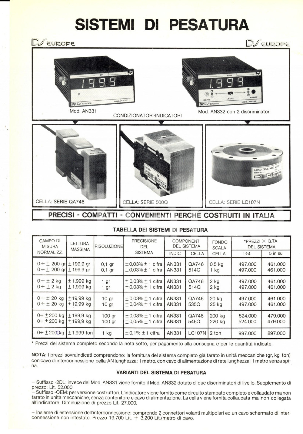 Materiale pubblicitario d’epoca 1970 ca MILANO SocietÃ  AN. NA. Sistemi di pesatura Volantino pubblicitario 1