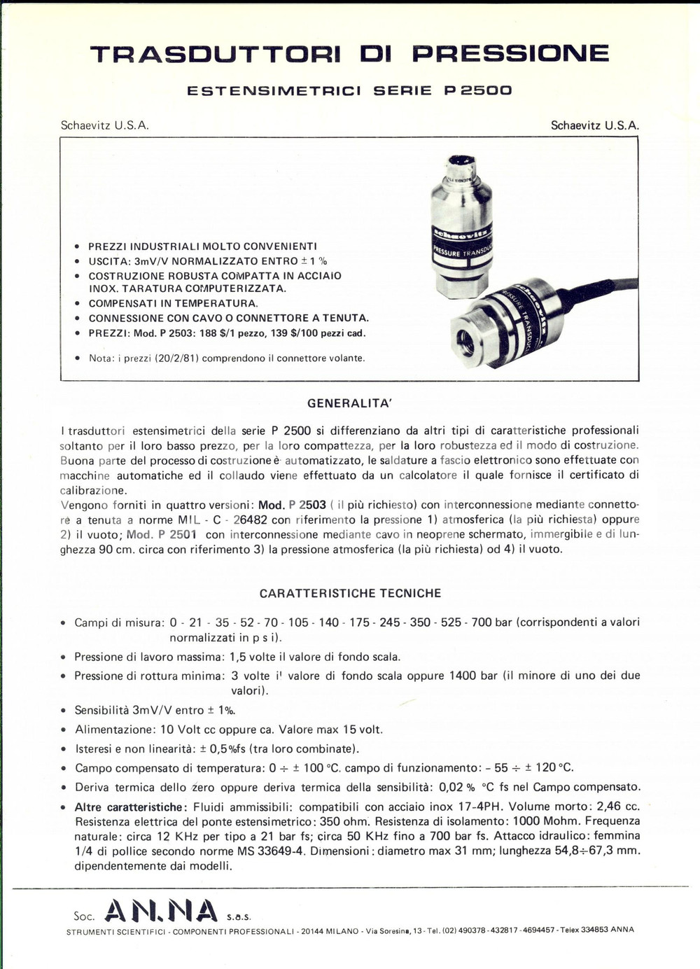 1970 ca MILANO Società AN. NA. Trasduttori pressione - Estensimetrici *Volantino