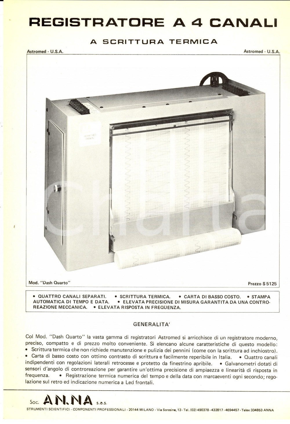 Materiale pubblicitario d’epoca 1970 ca MILANO SocietÃ  AN. NA. Registratore a 4 canali Volantino pubblicitario 1