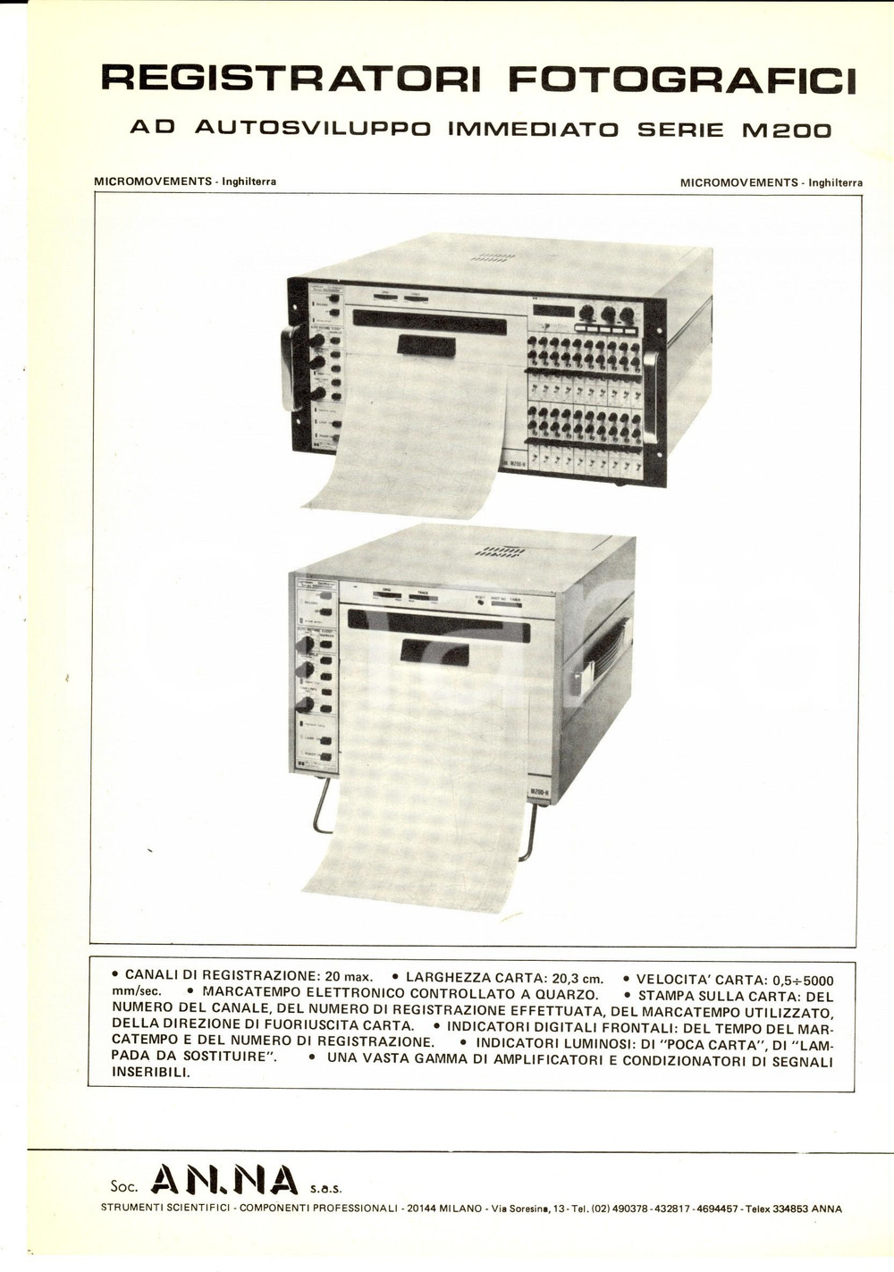Materiale pubblicitario d’epoca 1970 ca MILANO SocietÃ  AN. NA. Registratori fotografici M200 Volantino 1