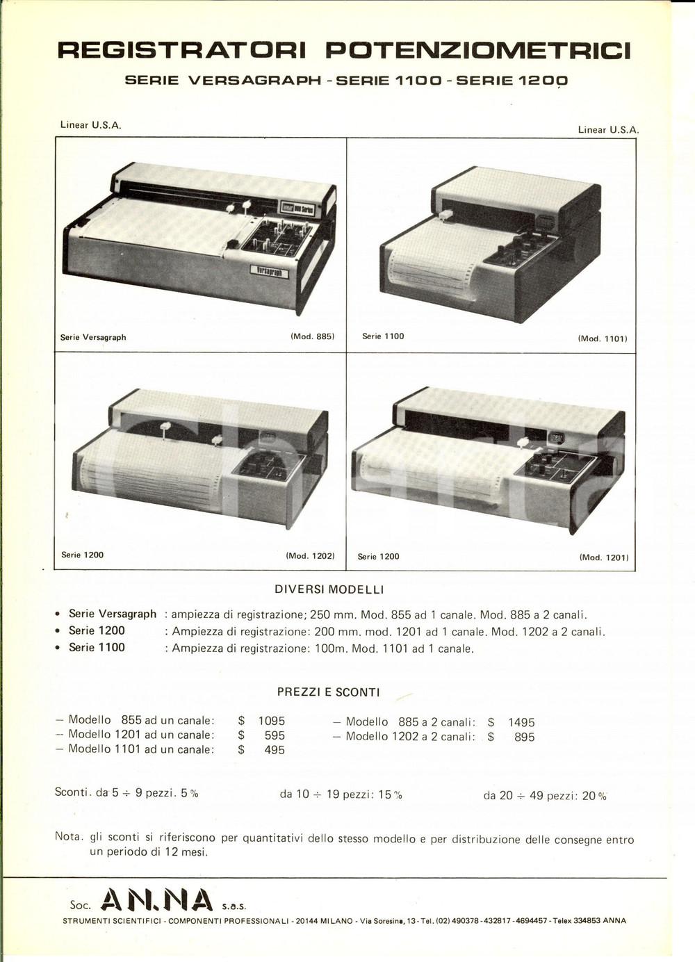 Materiale pubblicitario d’epoca 1970 ca MILANO SocietÃ  AN. NA. Registratori potenziometrici 1200 Volantino 1