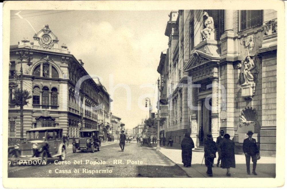 Cartolina originale da collezione 1931 PADOVA Corso del Popolo e Regie Poste Cartolina ANIMATA auto FP VG 1