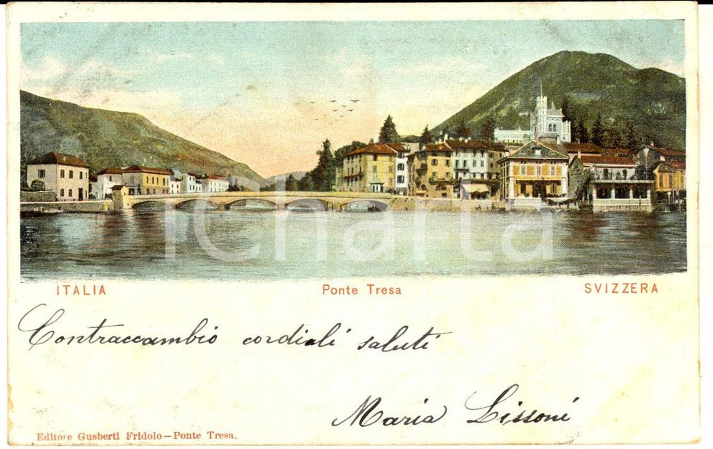 Cartolina originale da collezione 1905 PONTE TRESA SVIZZERA Veduta panoramica Cartolina ILLUSTRATA FP VG 1