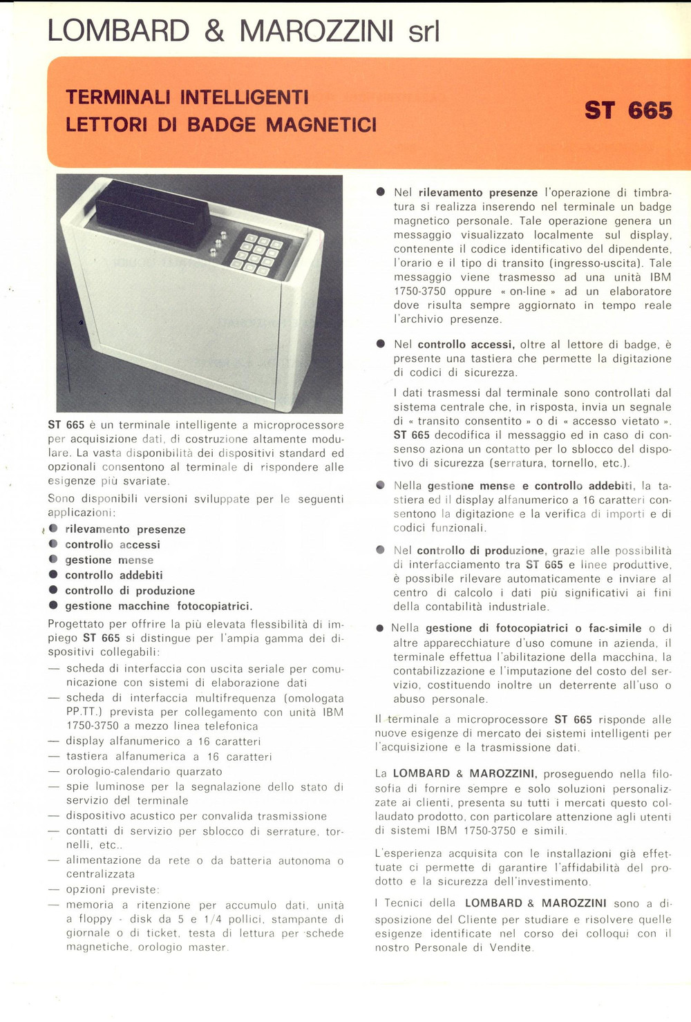 Materiale pubblicitario d’epoca 1970 ca ROMA Ditta LOMBARD & G. MAROZZINI Terminali intelligenti Volantino 1