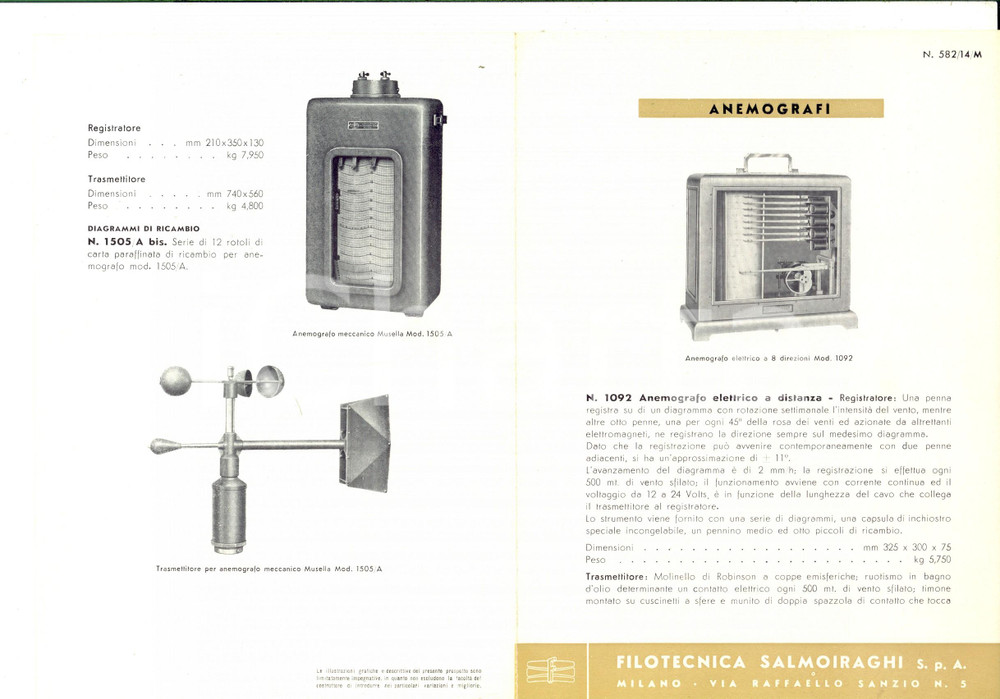 Materiale pubblicitario d’epoca 1950 ca MILANO Filotecnica SALMOIRAGHI Anemografi Pieghevole pubblicitario 1