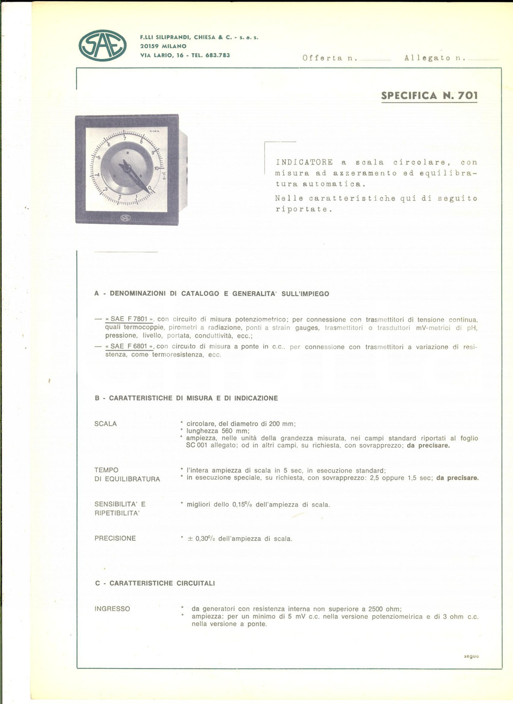 Materiale pubblicitario d’epoca 1969 MILANO F.lli SILIPRANDI, CHIESA & C. Specifica indicatore a scala circolare 1