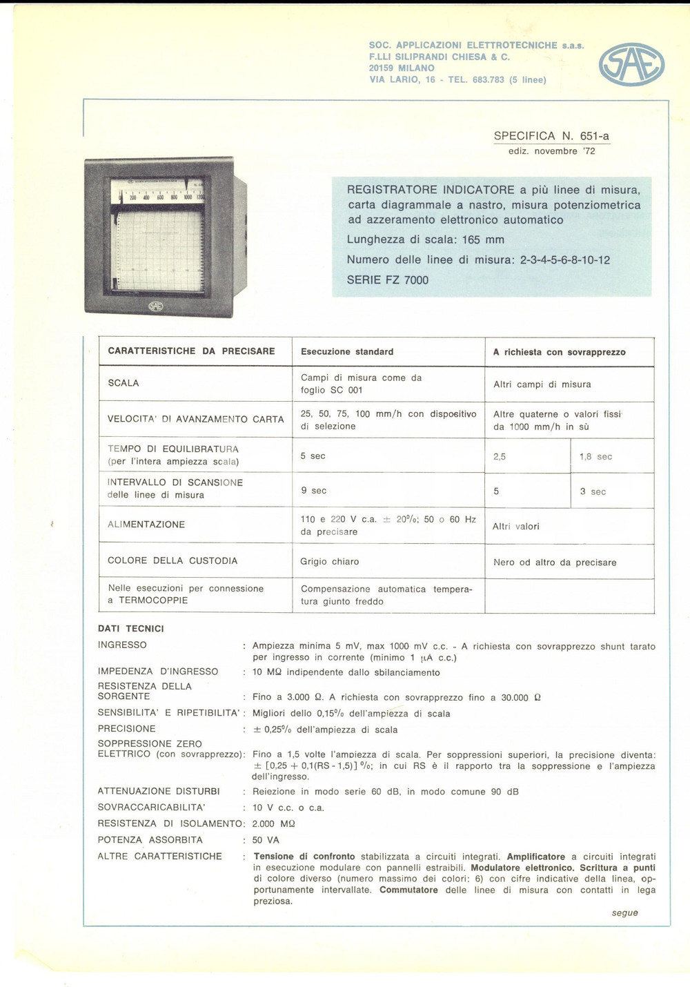 Materiale pubblicitario d’epoca 1972 MILANO F.lli SILIPRANDI, CHIESA & C. Registratore indicatore a piÃ¹ linee 1
