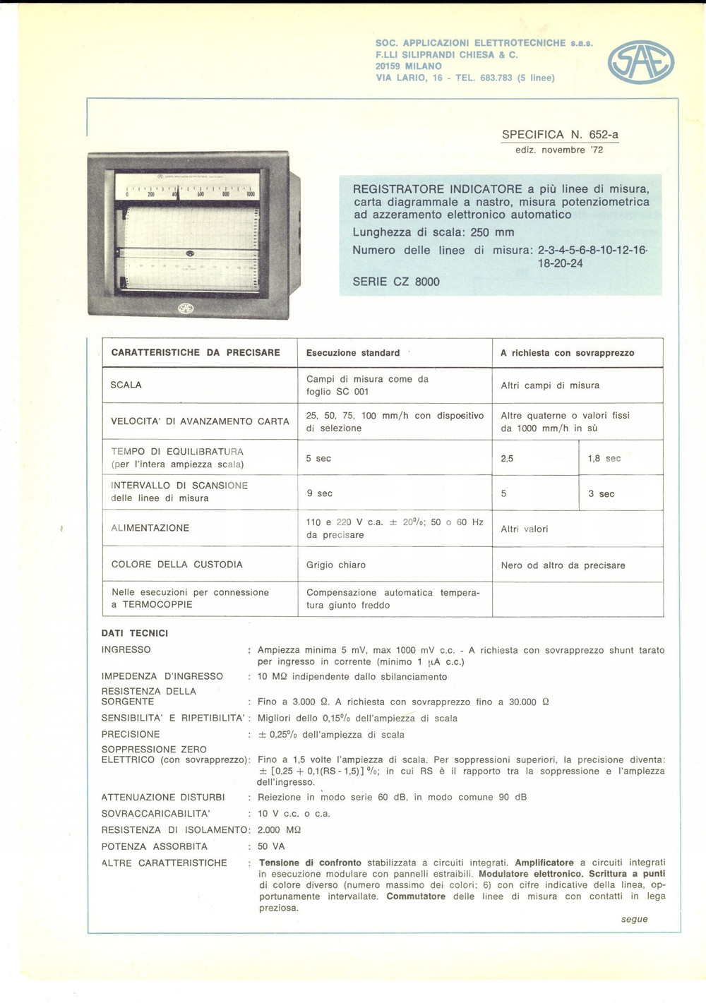 Materiale pubblicitario d’epoca 1972 MILANO F.lli SILIPRANDI, CHIESA & C. Registratore indicatore CZ 8000 1