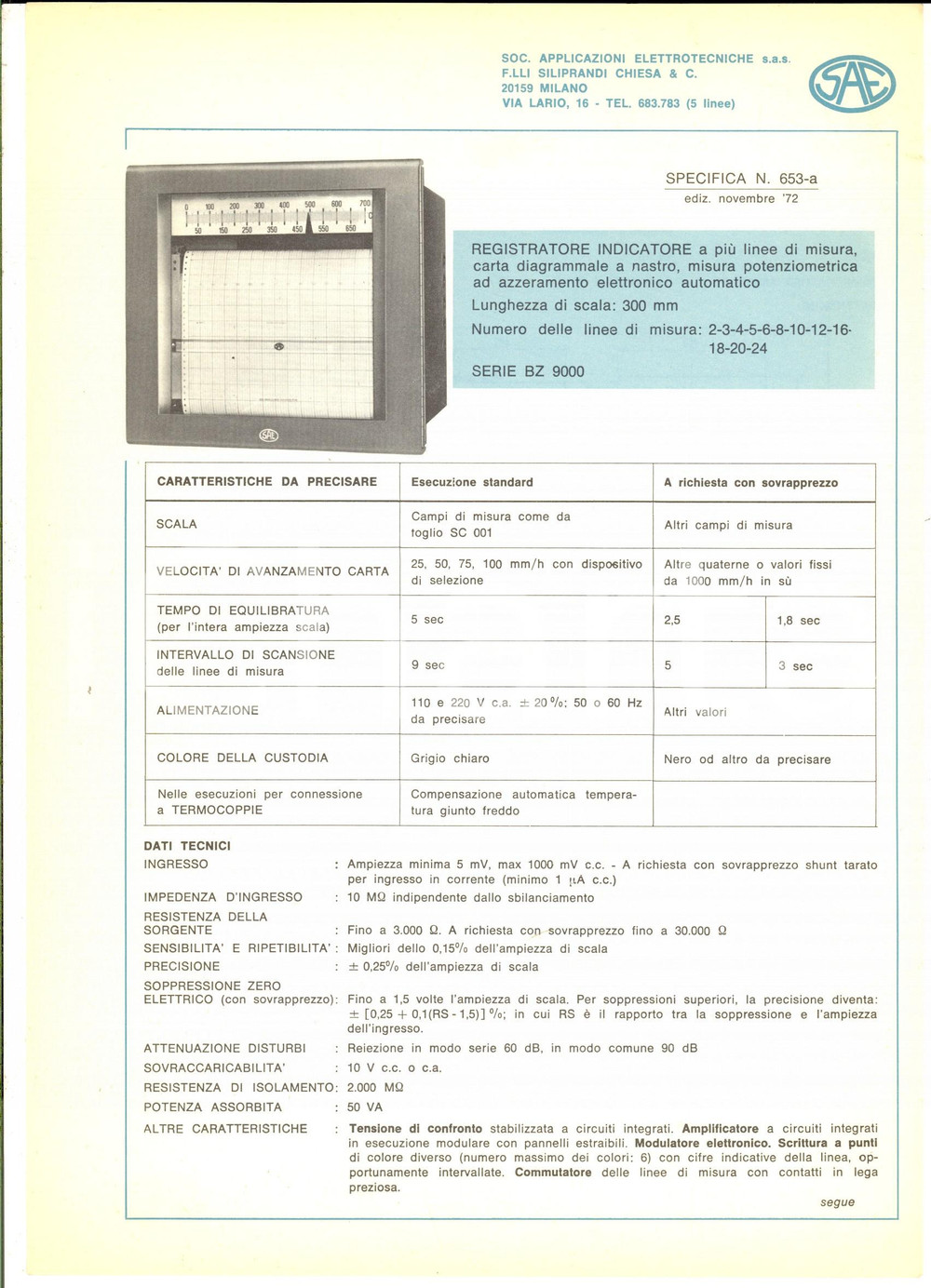 Materiale pubblicitario d’epoca 1972 MILANO F.lli SILIPRANDI, CHIESA & C. Registratore indicatore BZ 9000 1