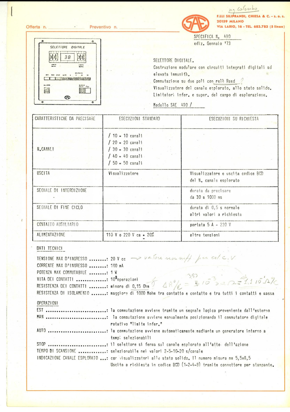 Materiale pubblicitario d’epoca 1973 MILANO F.lli SILIPRANDI, CHIESA & C. Specifica per selettore digitale 1