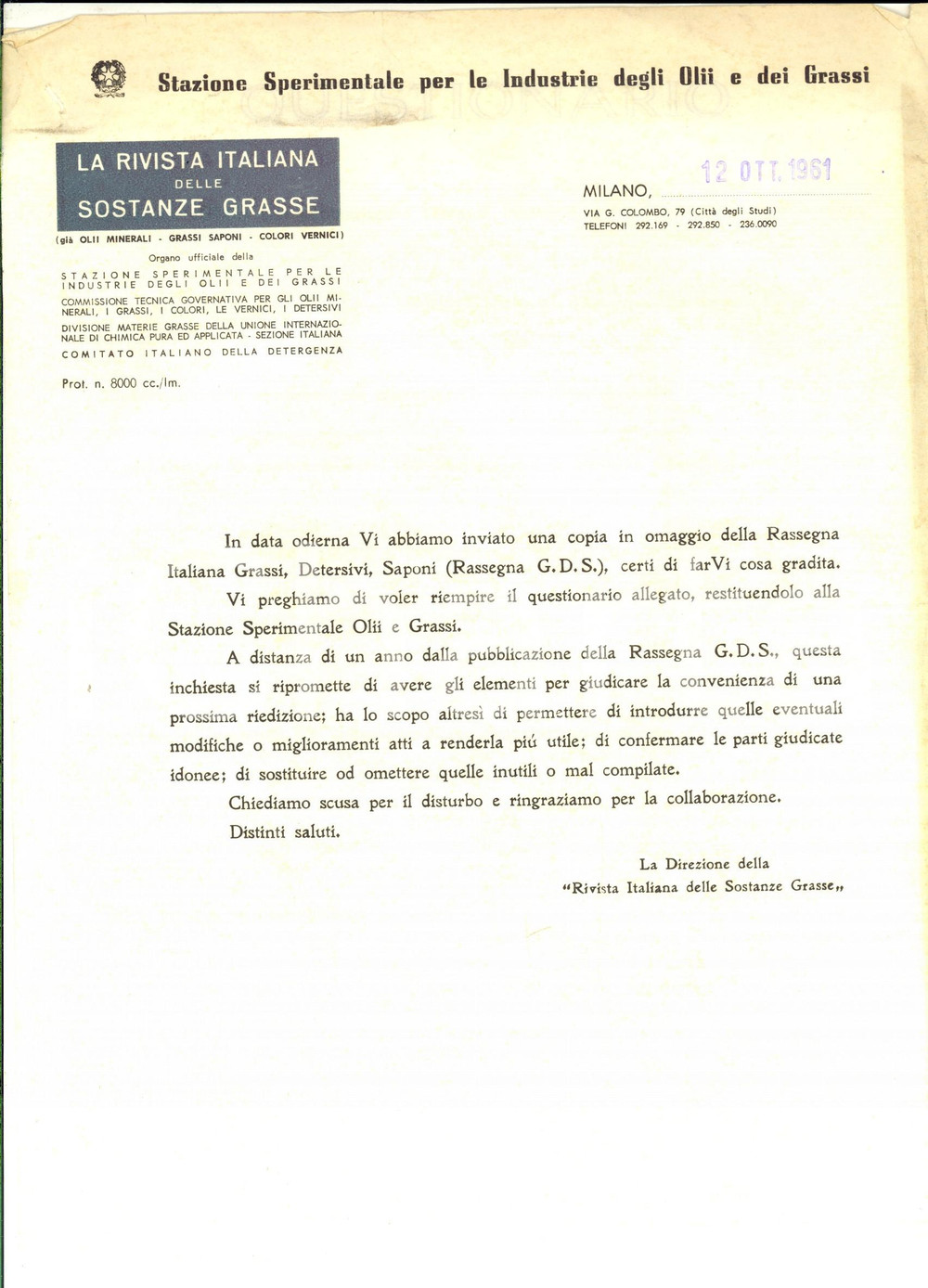 Materiale pubblicitario d’epoca 1961 MILANO Rivista Italiana delle Sostanze Grasse Questionario per i clienti 1
