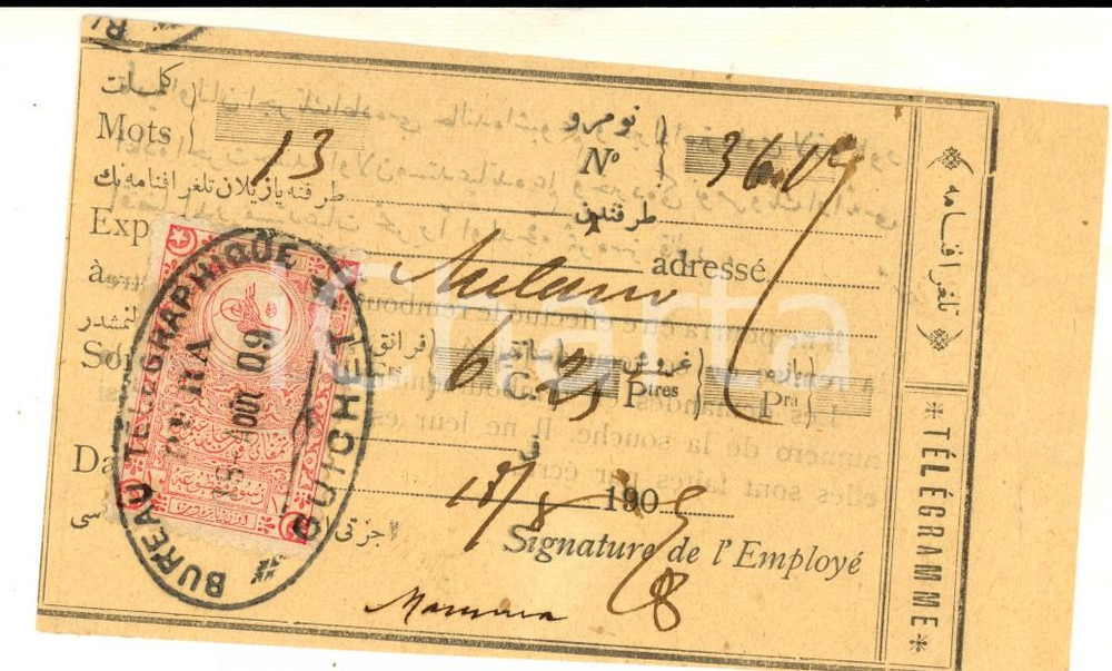 Manoscritto, lettera originale 1909 STORIA POSTALE ISTANBUL PERA Ricevuta telegramma per Milano Bollo 4 1