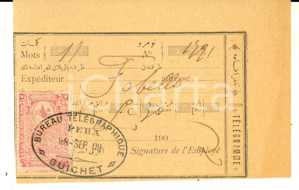 Manoscritto, lettera originale 1909 STORIA POSTALE ISTANBUL PERA Ricevuta per telegramma FABELLO Bollo 1