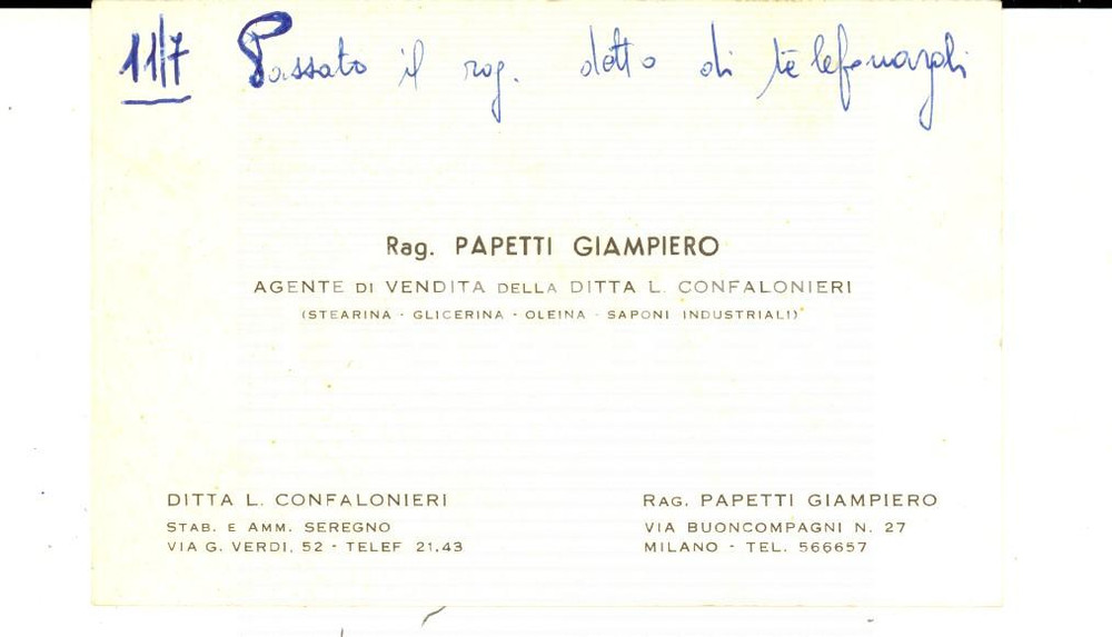 Oggetto da collezione cartaceo 1960 ca MILANO Rag. Giampiero PAPETTI Ditta L. CONFALONIERI Biglietto da visita 1