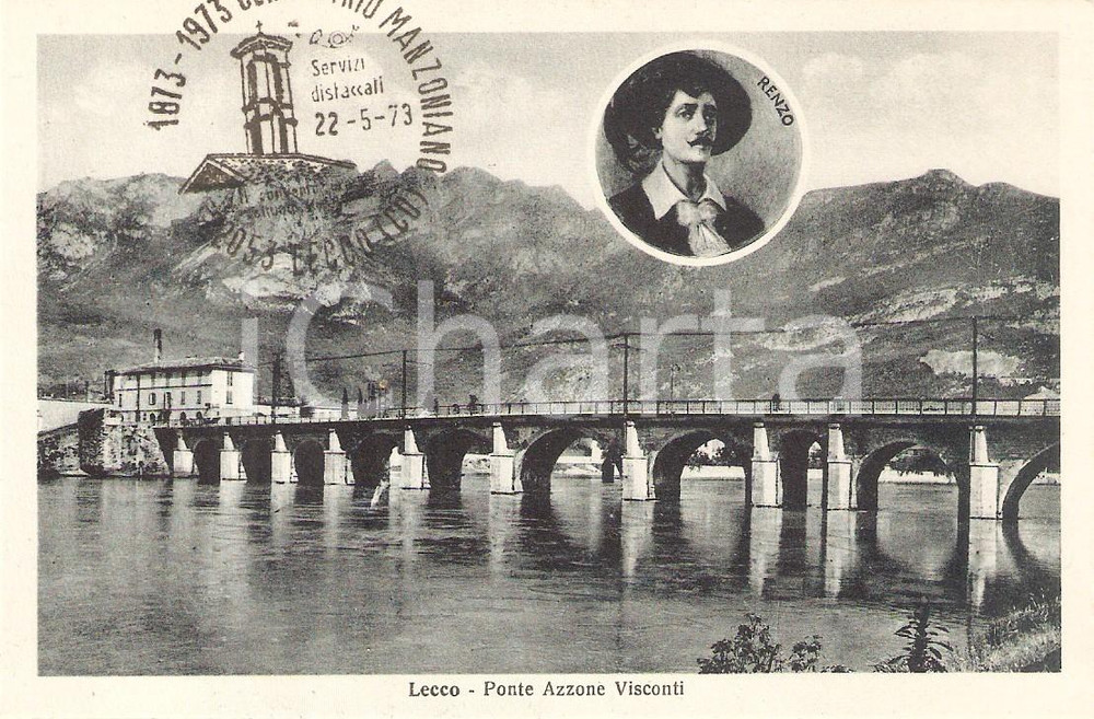 Cartolina originale da collezione 1973 LECCO Ponte Azzone Visconti Timbro annullo CENTENARIO MANZONIANO Cartolina 1