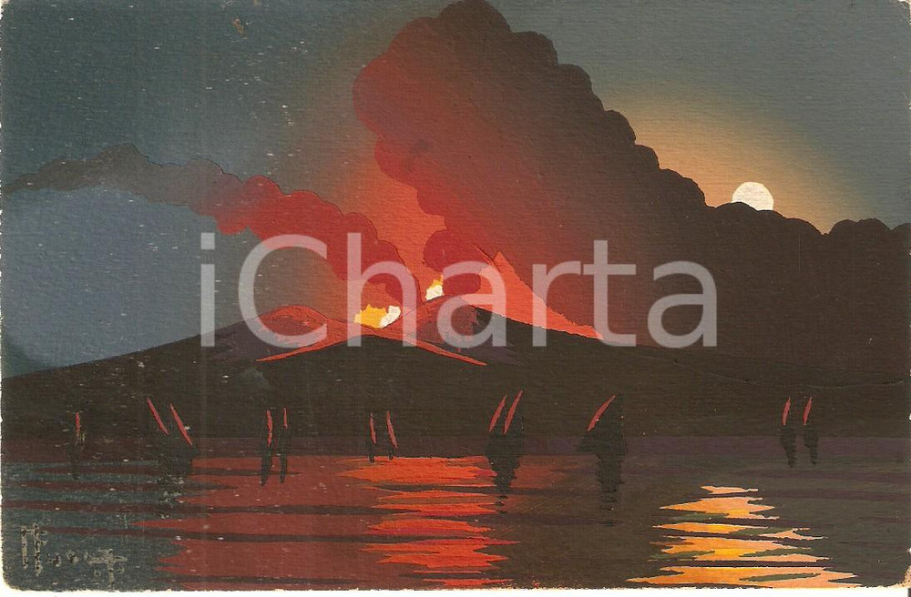Cartolina originale da collezione 1955 ca NAPOLI Eruzione notturna del VESUVIO Cartolina DIPINTA A MANO FP NV 1