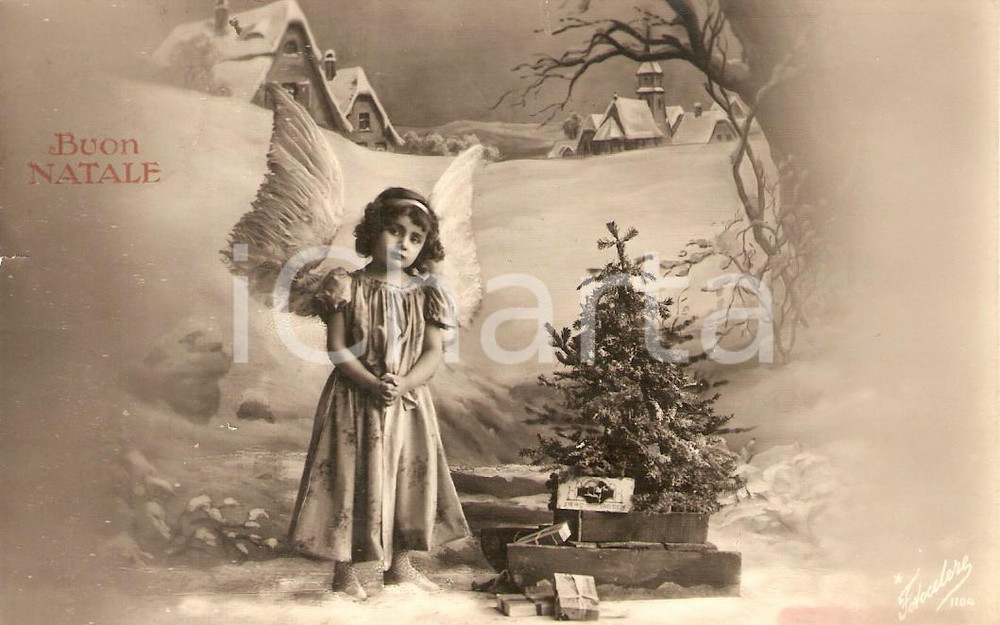 Cartolina originale da collezione 1930 BUON NATALE Angioletto con alberto di Natale Cartolina FP VG 1