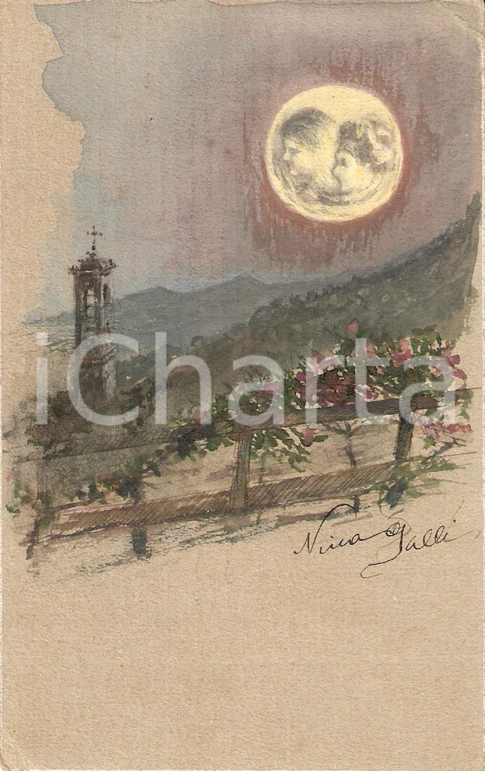 Cartolina originale da collezione 1935 ca ARTE Paesaggio nortturno Cartolina dipinta a mano da Nina GALLI FP NV 1