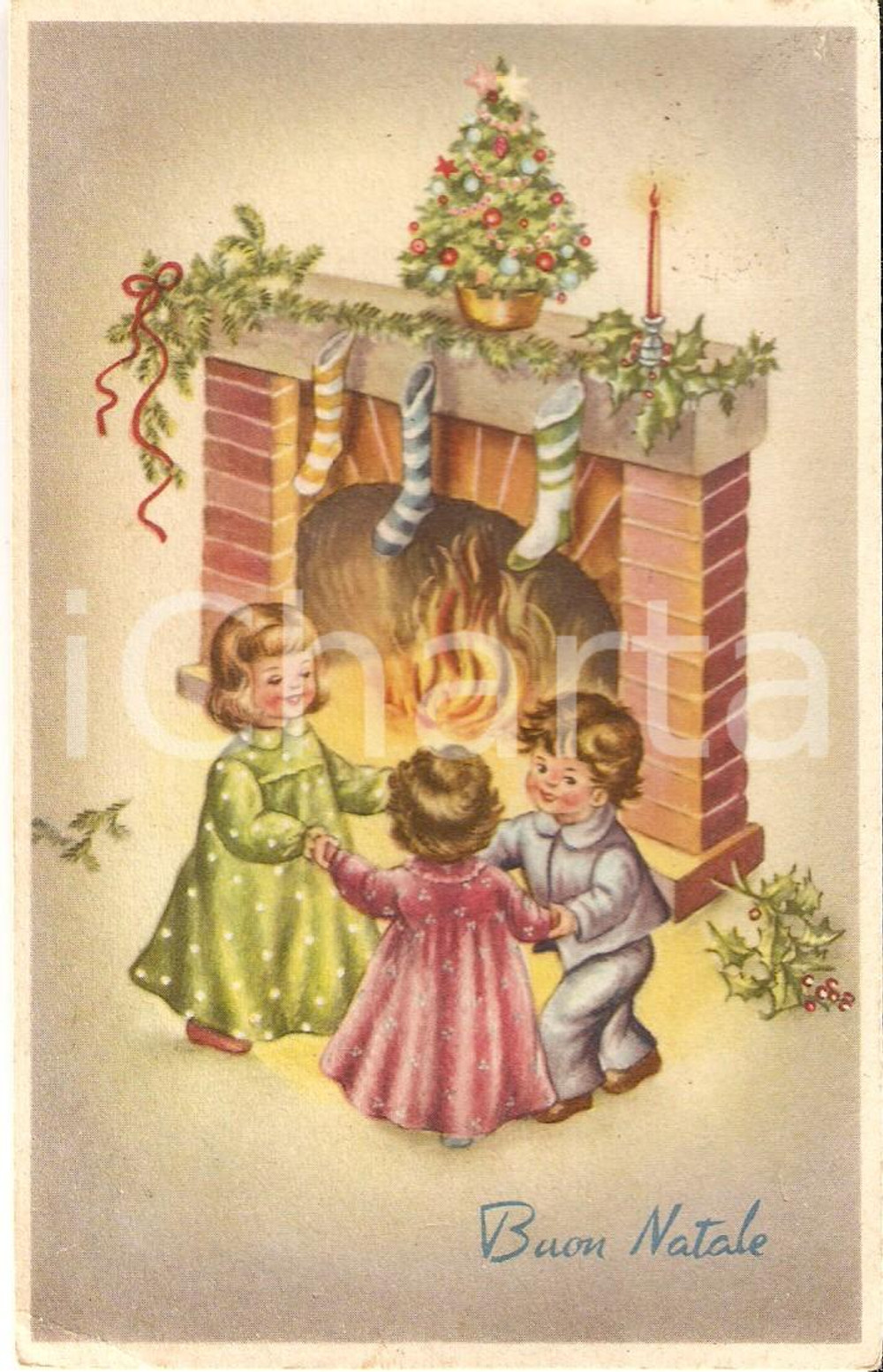 Cartolina originale da collezione 1960 BUON NATALE Girotondo davanti al caminetto Cartolina FP VG 1