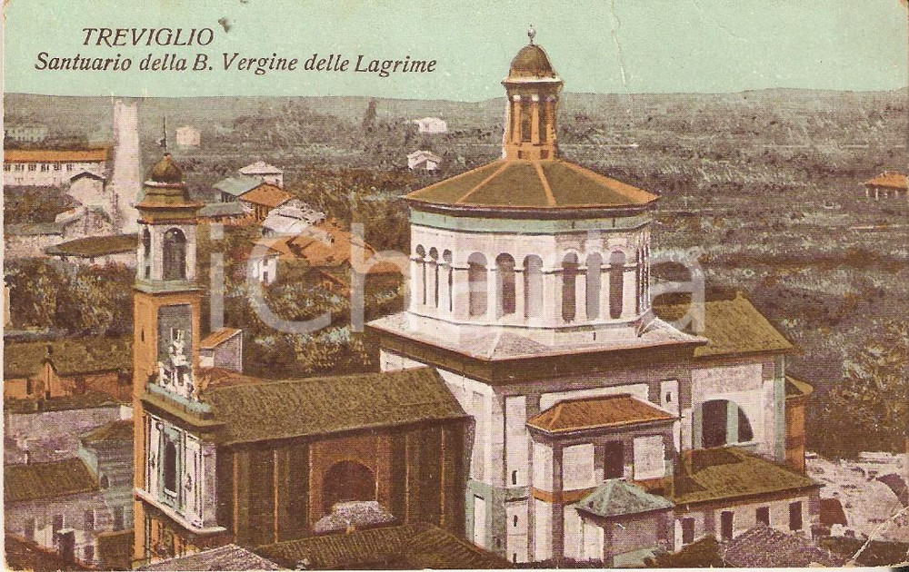 Cartolina originale da collezione 1920 ca TREVIGLIO BG Santuario Vergine delle Lagrime Cartolina DANNEGGIATA FP 1
