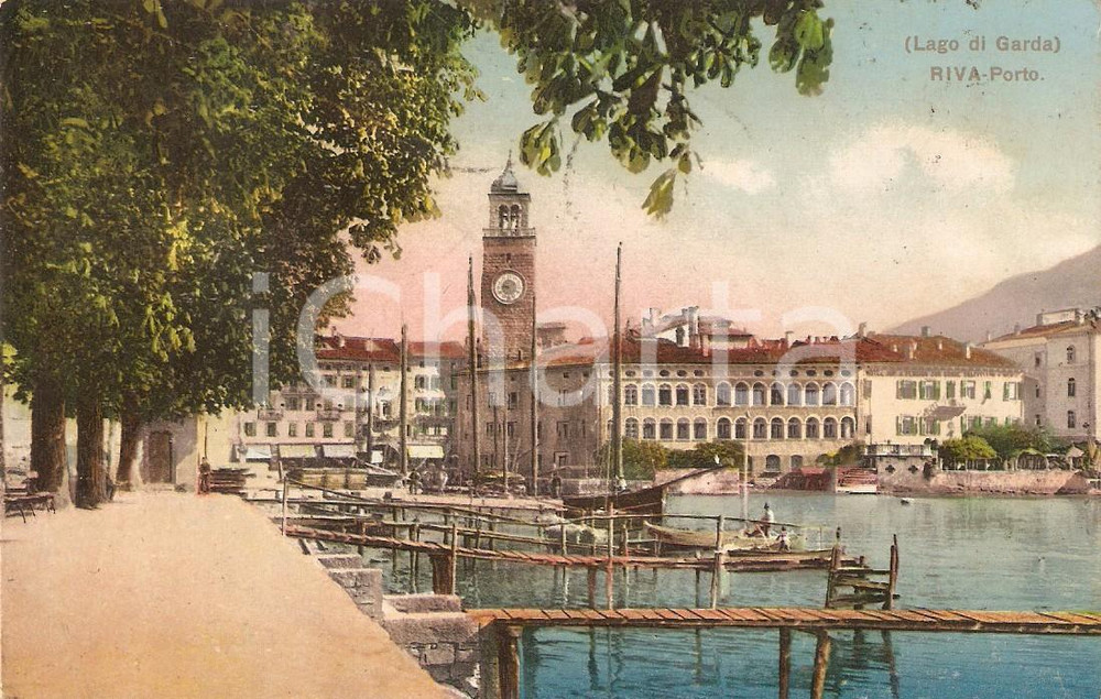 1910 RIVA DEL GARDA (TN) Panorama del porto LAGO DI GARDA *Cartolina FP VG
