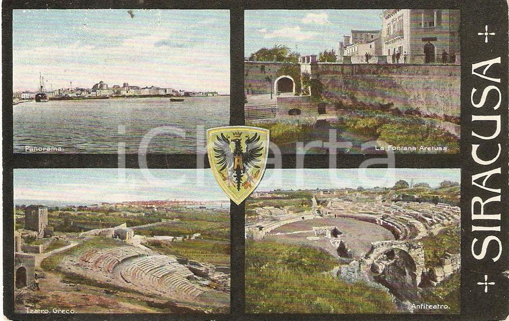 Cartolina originale da collezione 1910 SIRACUSA Vedutine Fontana ARETUSA Tempio greco ANFITEATRO Cartolina FP VG 1