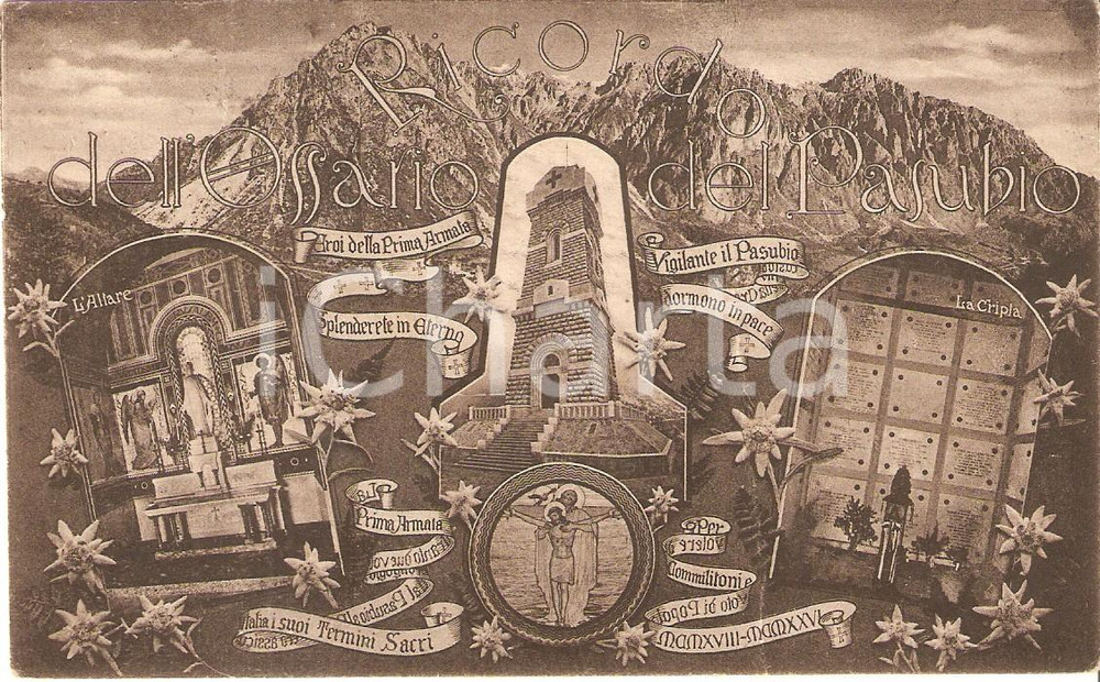 Cartolina originale da collezione 1934 OSSARIO DEL PASUBIO Vedutine con cripta e altare Cartolina FP VG 1