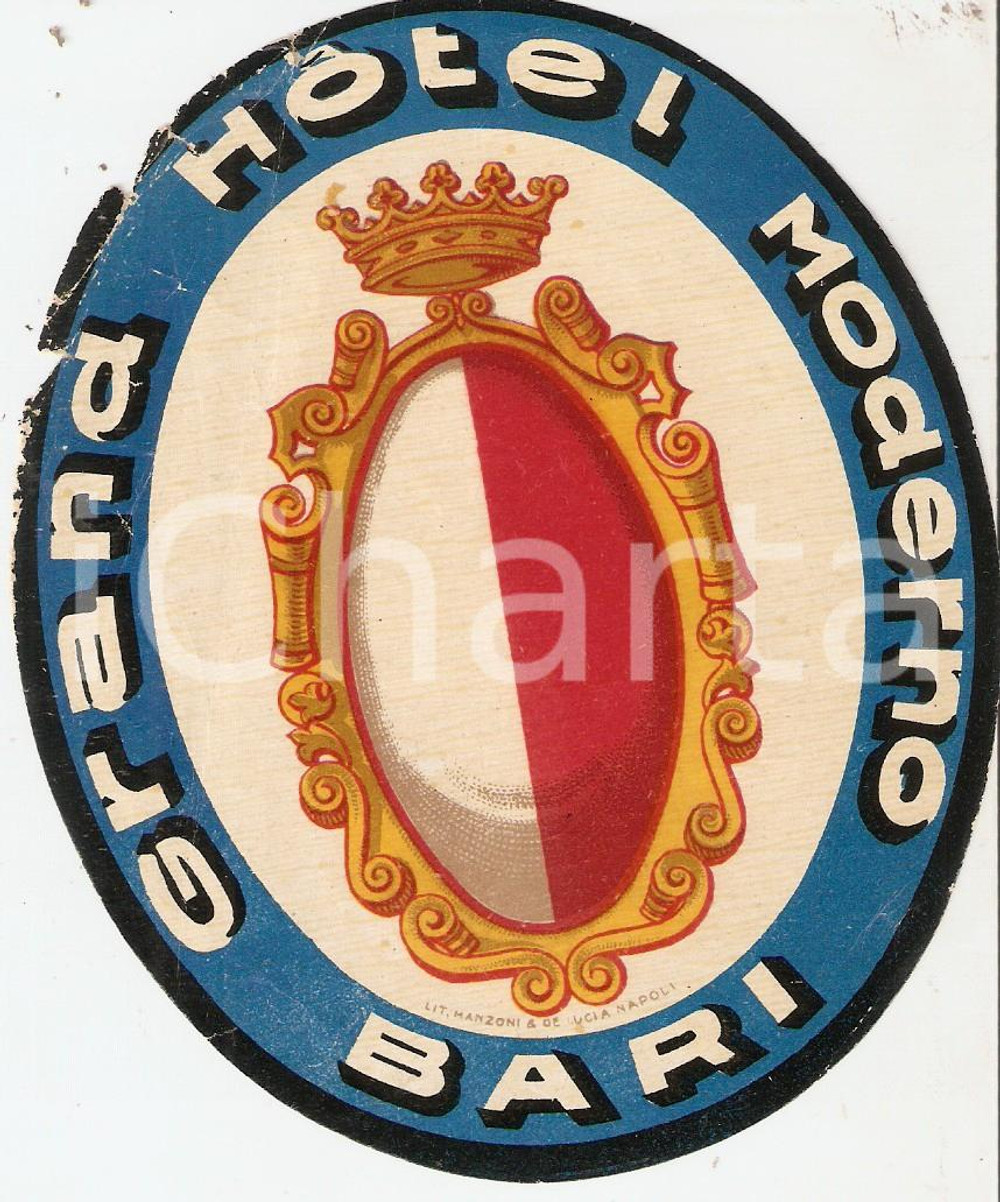 Materiale pubblicitario d’epoca 1950 ca BARI Grand Hotel MODERNO Etichetta 10x13 cm 1 1