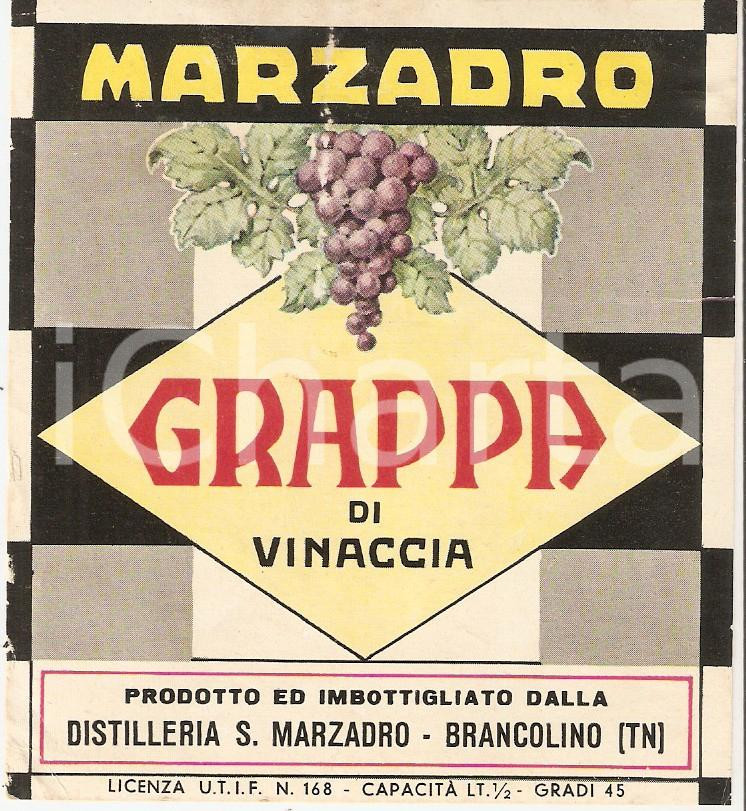 Materiale pubblicitario d’epoca 1965 ca BRANCOLINO TN Distilleria MARZADRO Grappa di Vinaccia Etichetta 1
