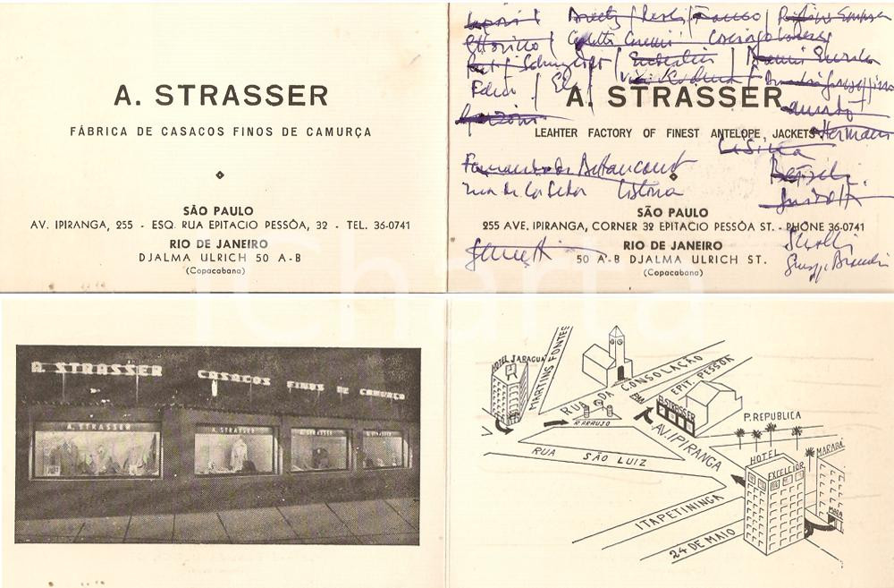 Materiale pubblicitario d’epoca 1960 ca SAO PAULO Leather factory of finest antelope A. STRASSER Biglietto 12x8 1