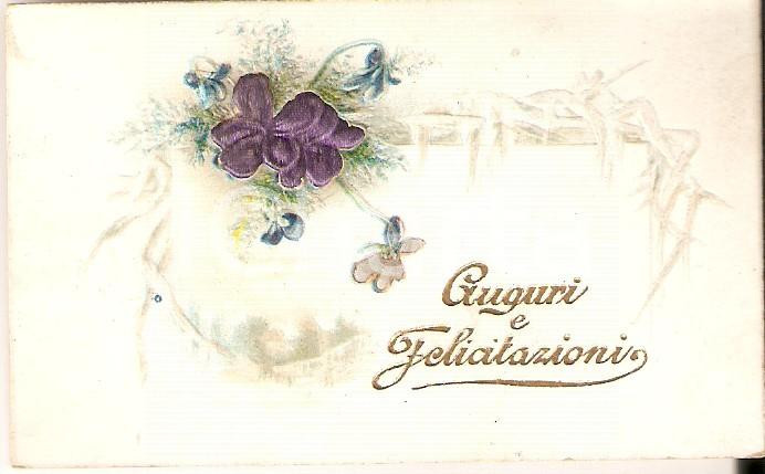 Oggetto da collezione cartaceo 1940 ca AUGURI E FELICITAZIONI Violetta Biglietto in rilievo 8x5 cm 1