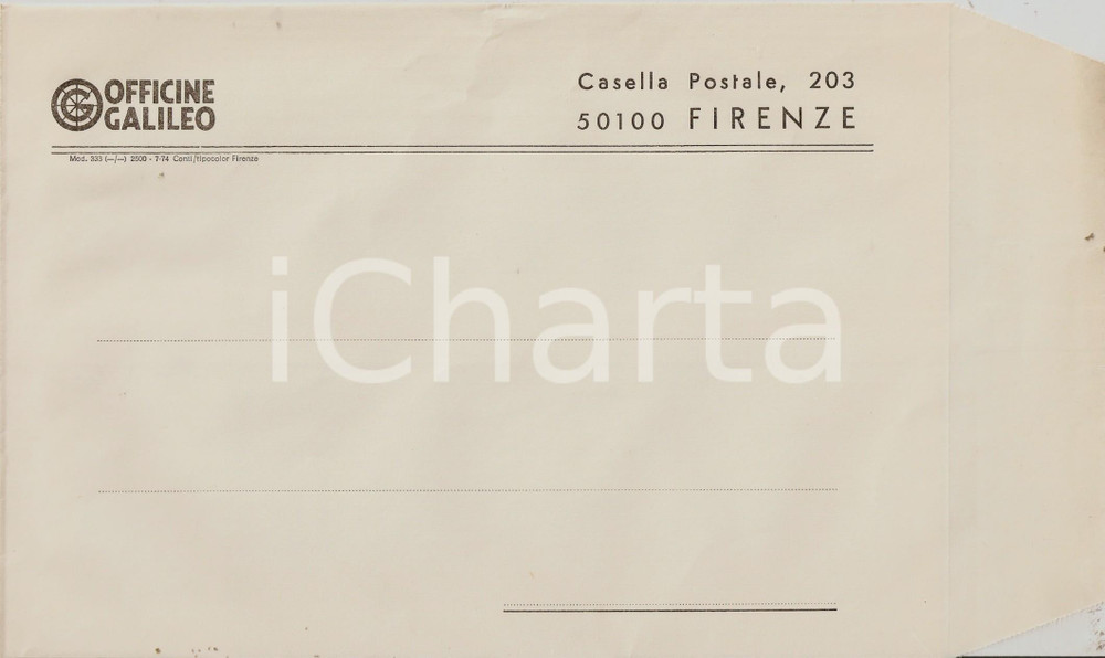 Materiale pubblicitario d’epoca 1965 ca FIRENZE Busta intestata OFFICINE GALILEO VUOTA 26x16 cm 1