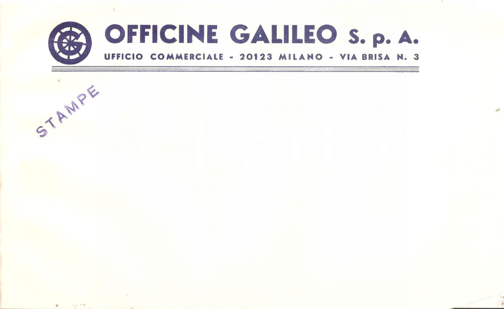 Materiale pubblicitario d’epoca 1965 ca MILANO Ufficio Commerciale OFFICINE GALILEO Busta intestata VUOTA 1