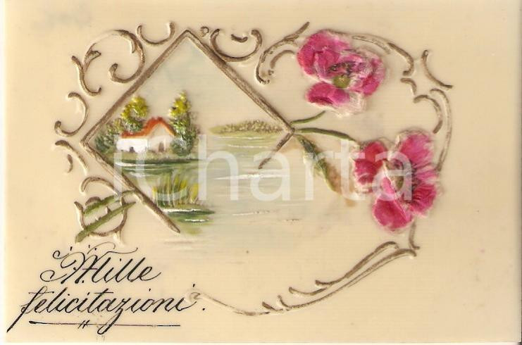 Oggetto da collezione cartaceo 1930 MILLE FELICITAZIONI Casa in riva al fiume Biglietto plastica IN RILIEVO 1